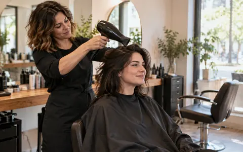 Клиентке делают простую укладку рядом со свободным креслом