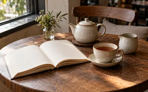 Чайник с чашкой и открытая книга без читаемого текста