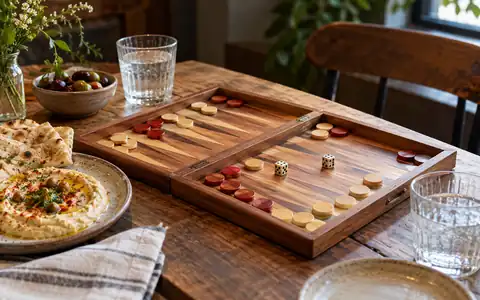 Настольная игра с деревянными фигурами рядом с едой