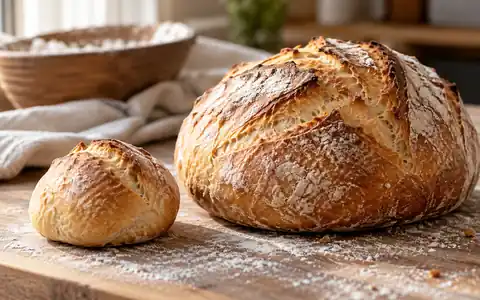 Мини-булочка рядом со свежей буханкой хлеба