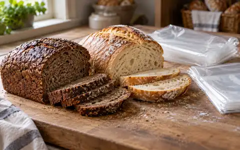 Два разных хлеба с нарезкой и пакетами для хранения