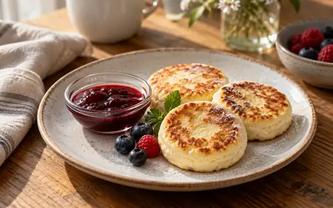 Маленькая порция варенья рядом с сырниками