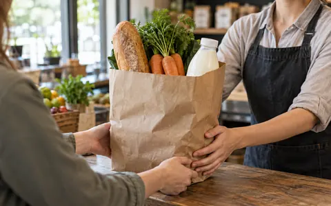Собранный список продуктов в бумажной сумке