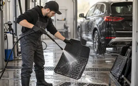 Мастер автомойки промывает снятый резиновый коврик мягкой струёй воды; автомобиль на заднем плане