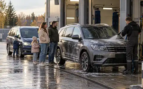 Два разных семейных автомобиля в очереди на мойку, родители рядом с машинами без видимых номеров