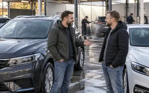 Двое соседей разговаривают возле чистых автомобилей на парковке автомойки