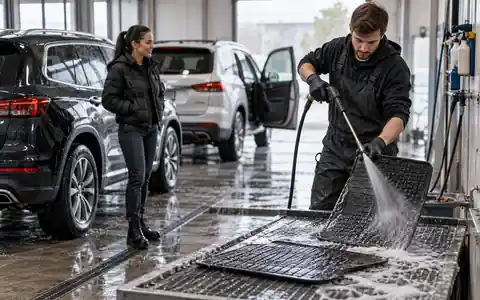 Двое коллег стоят у автомобилей на автомойке, мастер готовит резиновые коврики