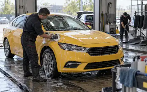 Водитель такси без логотипов привёз автомобиль на дневную мойку, рабочие перчатки мастера