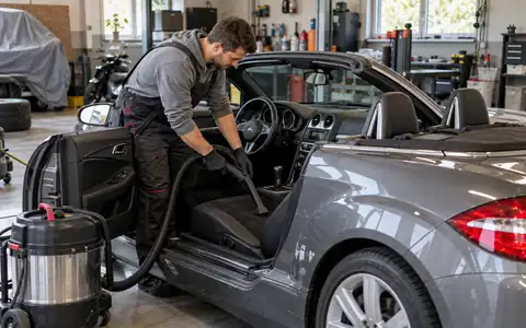 Мастер завершает базовую уборку салона сезонного автомобиля перед гаражным хранением