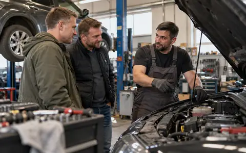 Двое соседей по гаражу беседуют с мастером автосервиса у автомобиля