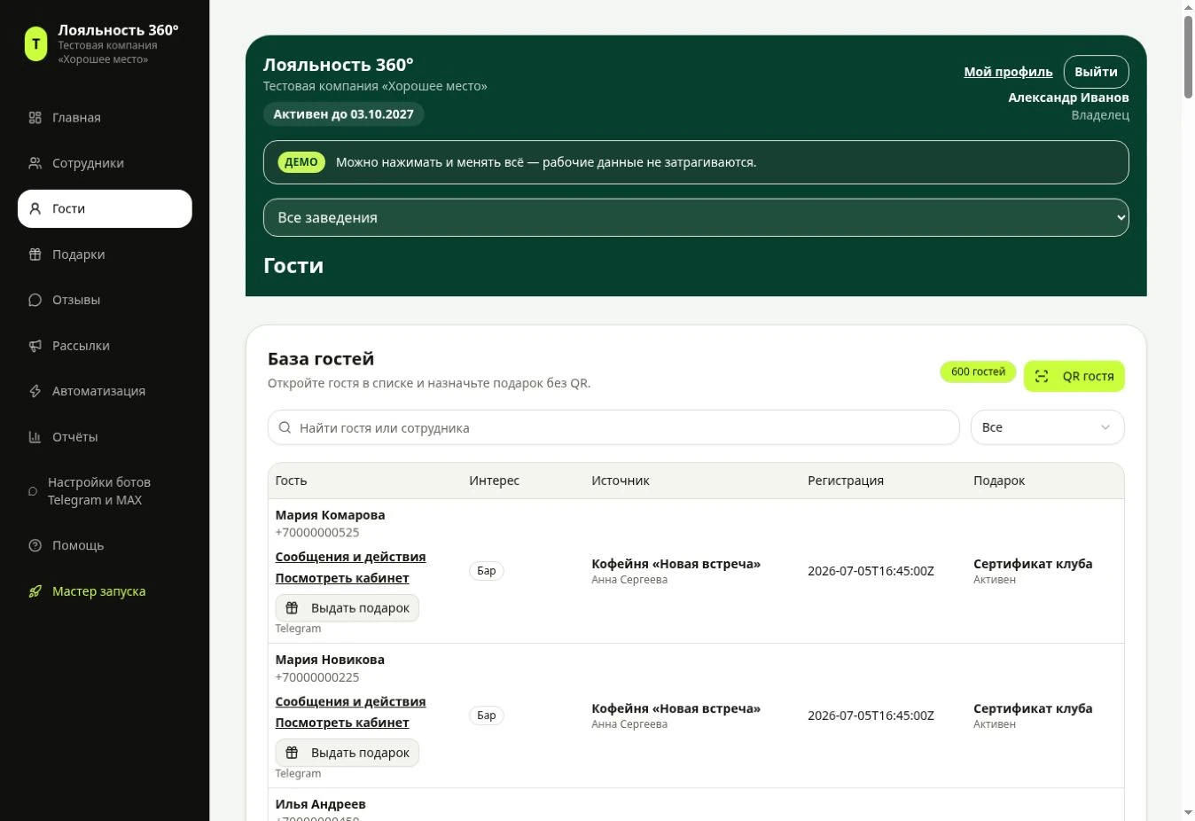 Рабочий список гостей Loyalty 360 с поиском и фильтрами