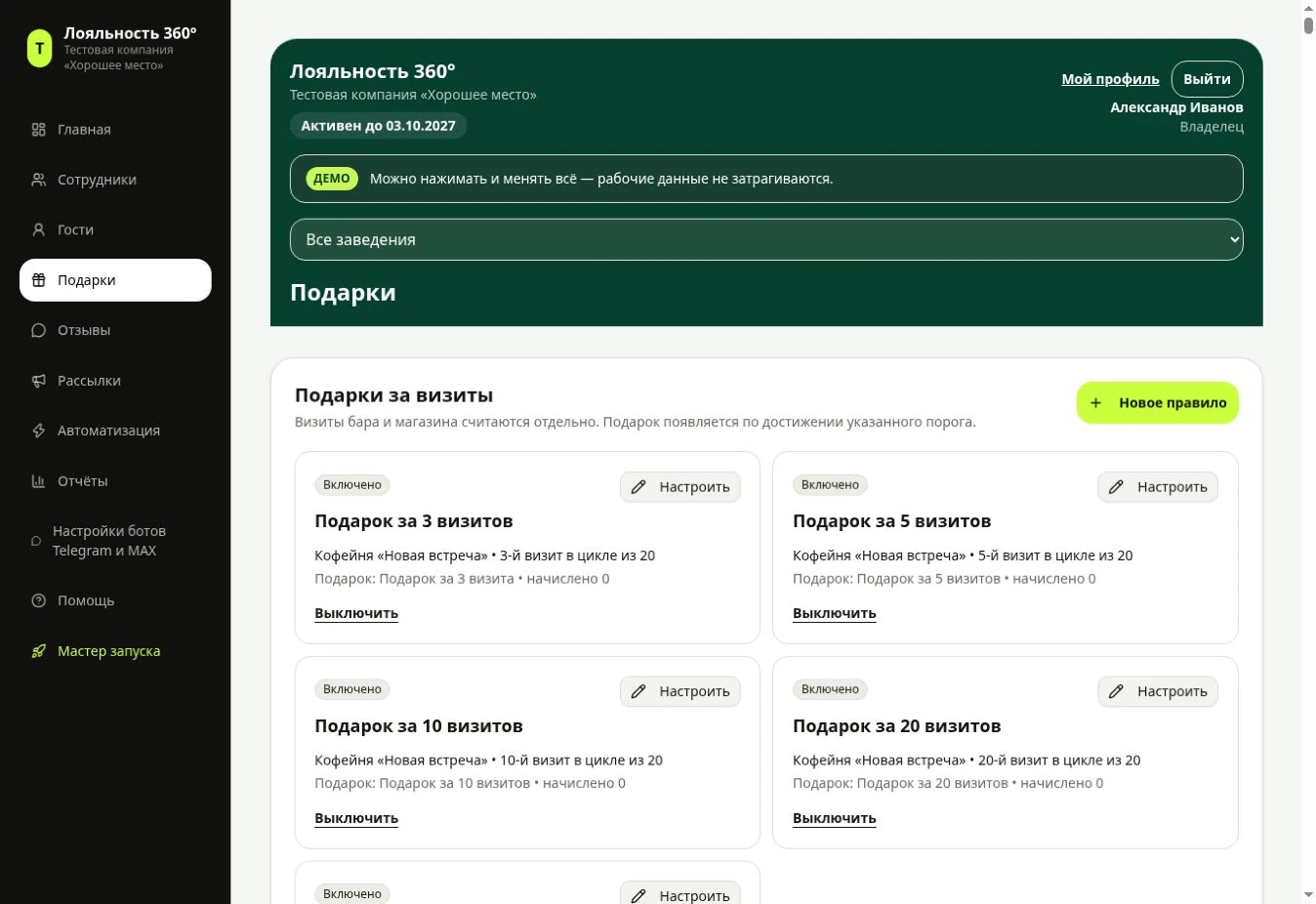 Раздел подарков в настоящем интерфейсе Loyalty 360